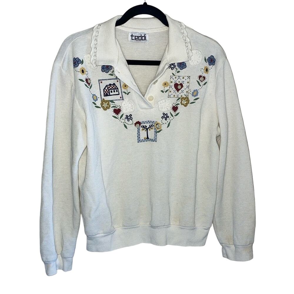 Vintage Teddi Petites Floral Embroidered Crochet Collared Pullover Knit Sweater